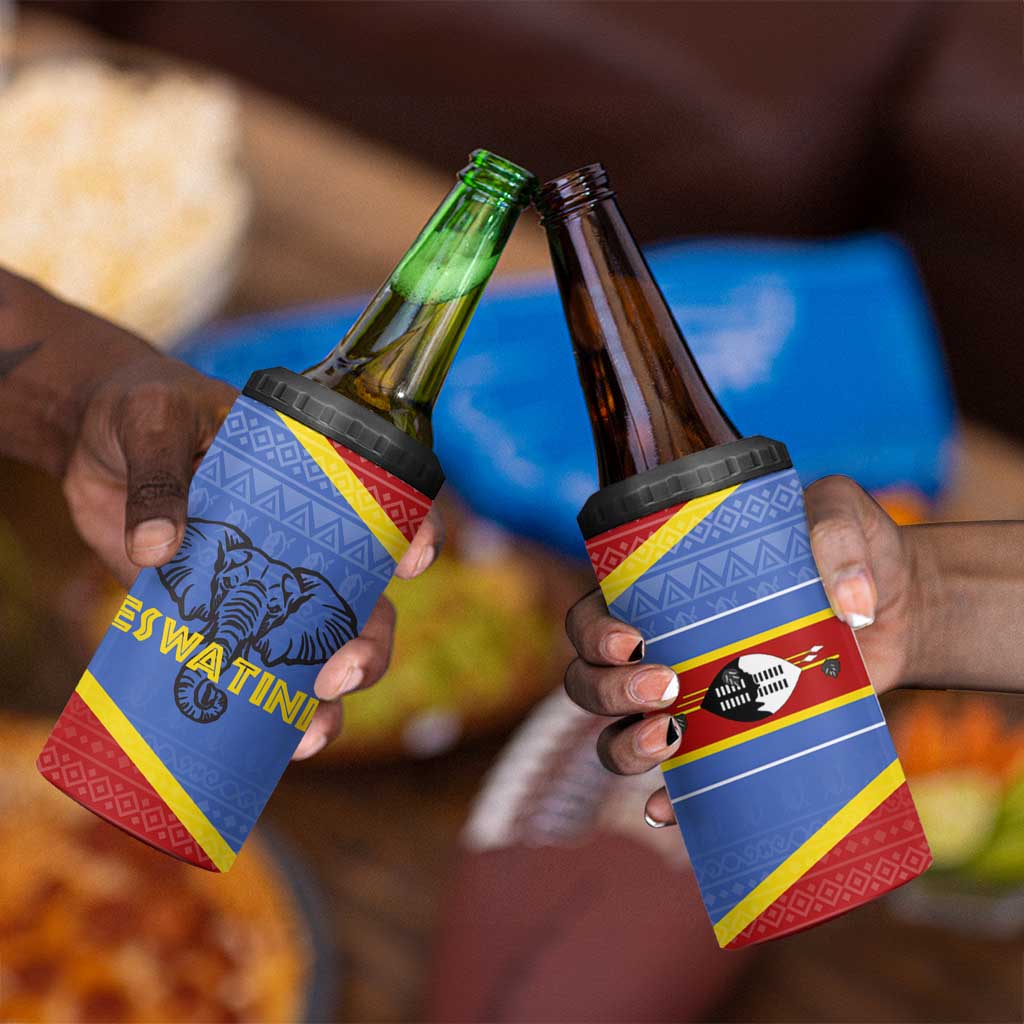 Elephant Eswatini 4 in 1 Can Cooler Tumbler Swaziland Shield Tribal Pattern and National Flag TS04