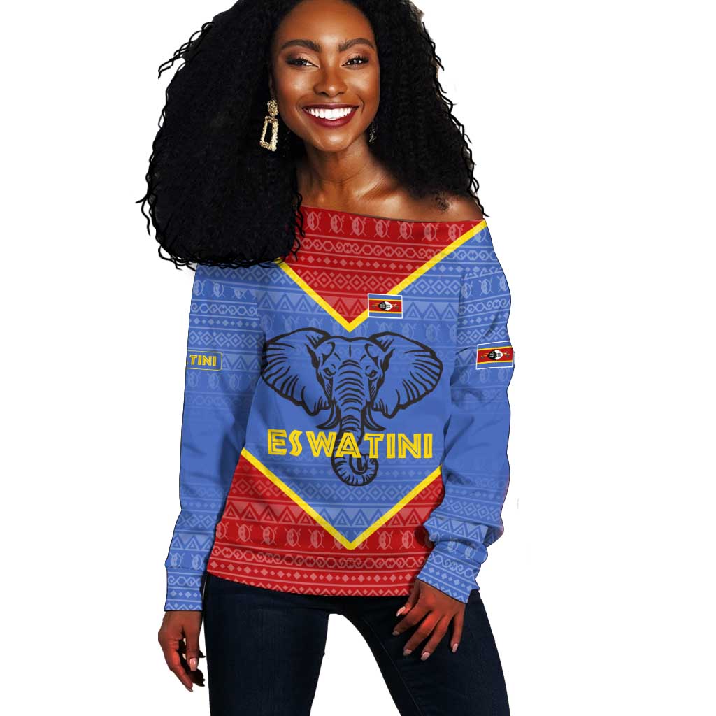 Elephant Eswatini Off Shoulder Sweater Swaziland Shield Tribal Pattern and National Flag TS04