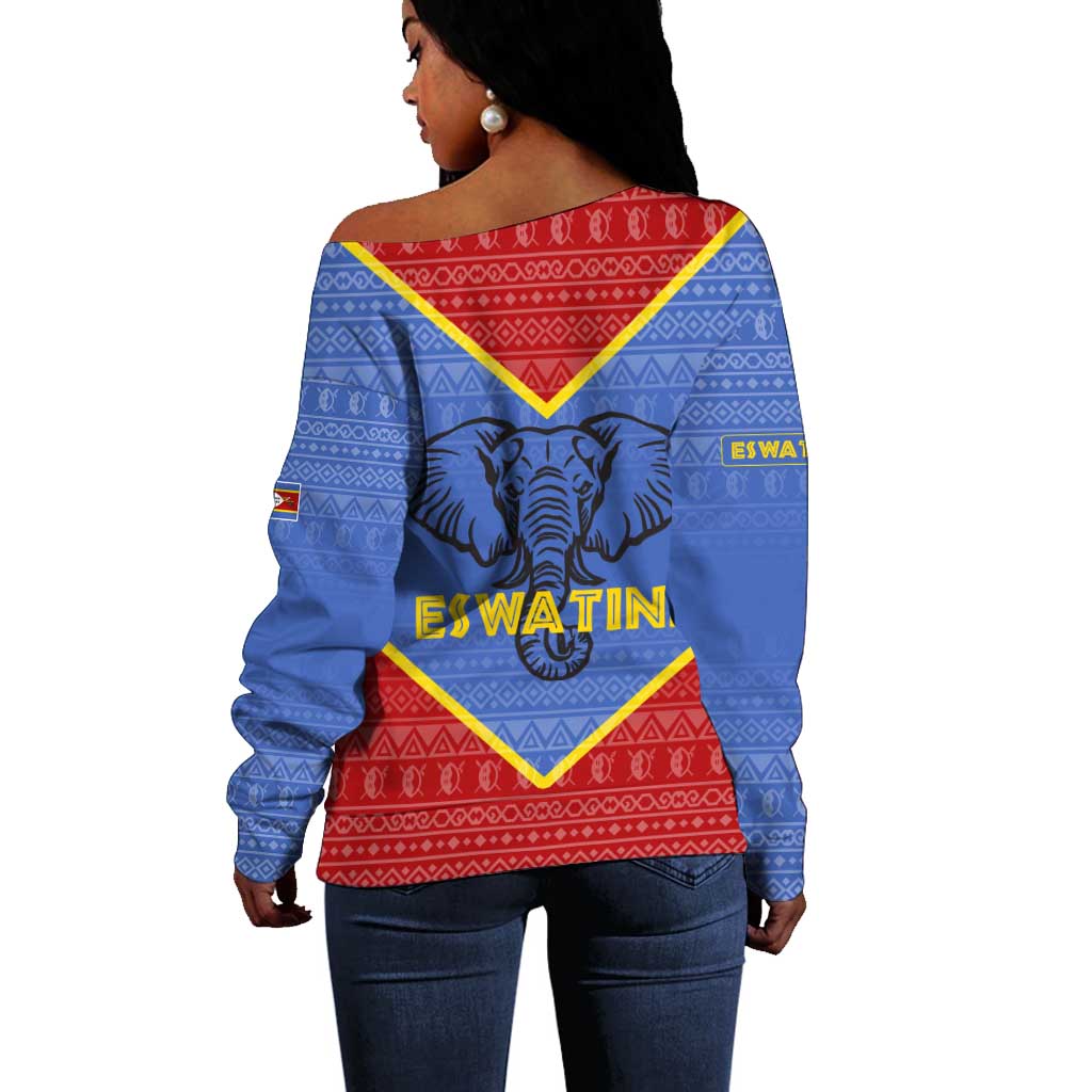 Elephant Eswatini Off Shoulder Sweater Swaziland Shield Tribal Pattern and National Flag TS04