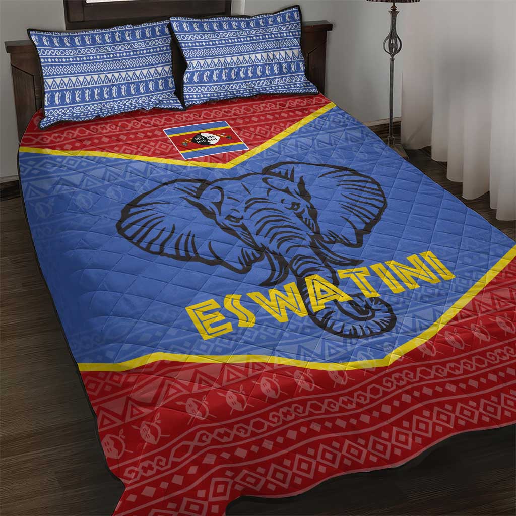 Elephant Eswatini Quilt Bed Set Swaziland Shield Tribal Pattern and National Flag TS04