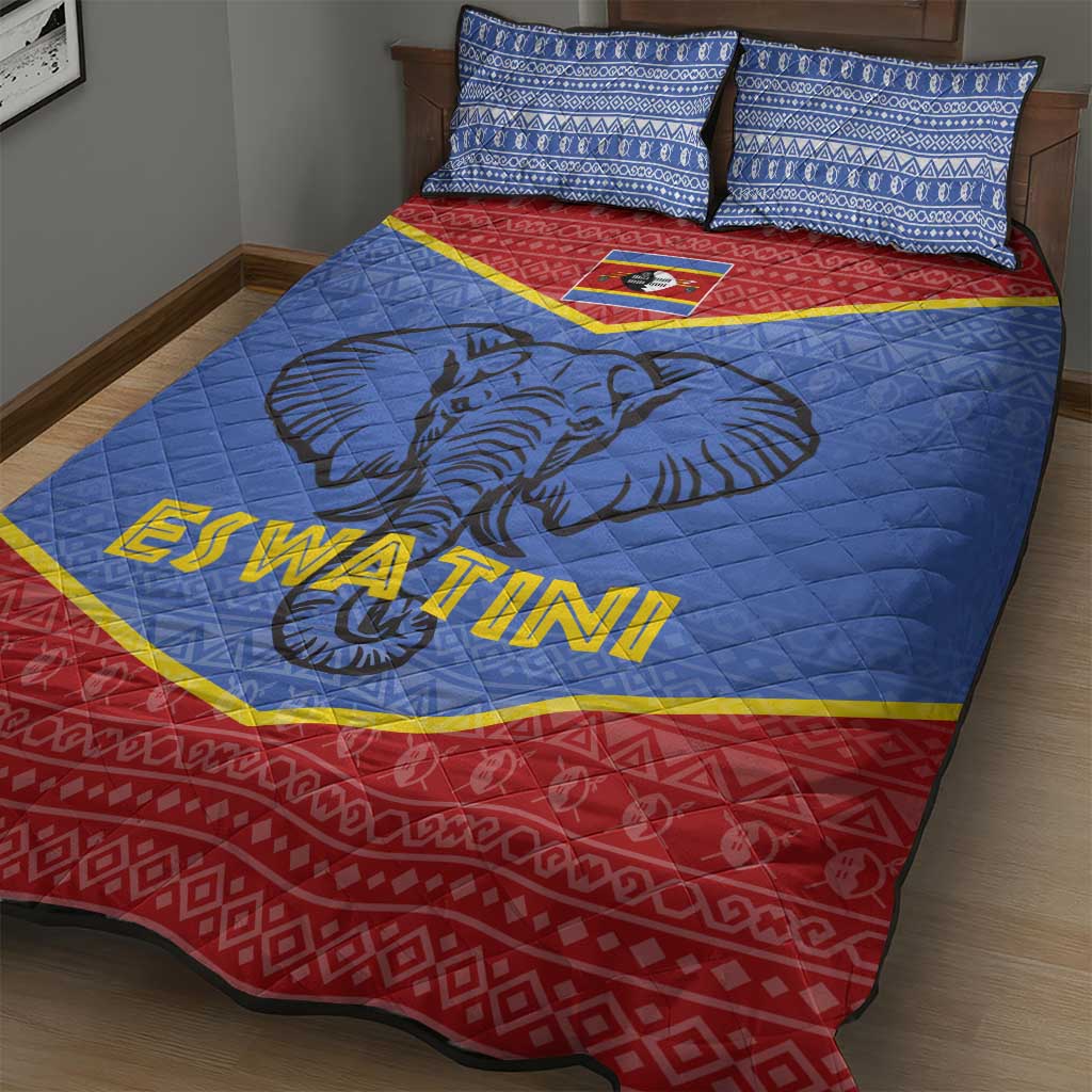 Elephant Eswatini Quilt Bed Set Swaziland Shield Tribal Pattern and National Flag TS04