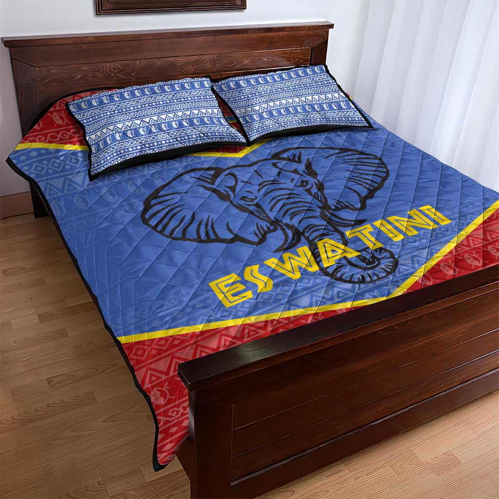 Elephant Eswatini Quilt Bed Set Swaziland Shield Tribal Pattern and National Flag TS04