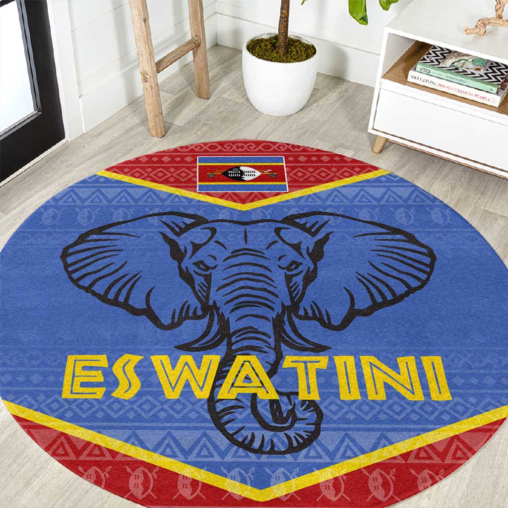 Elephant Eswatini Round Carpet Swaziland Shield Tribal Pattern and National Flag TS04