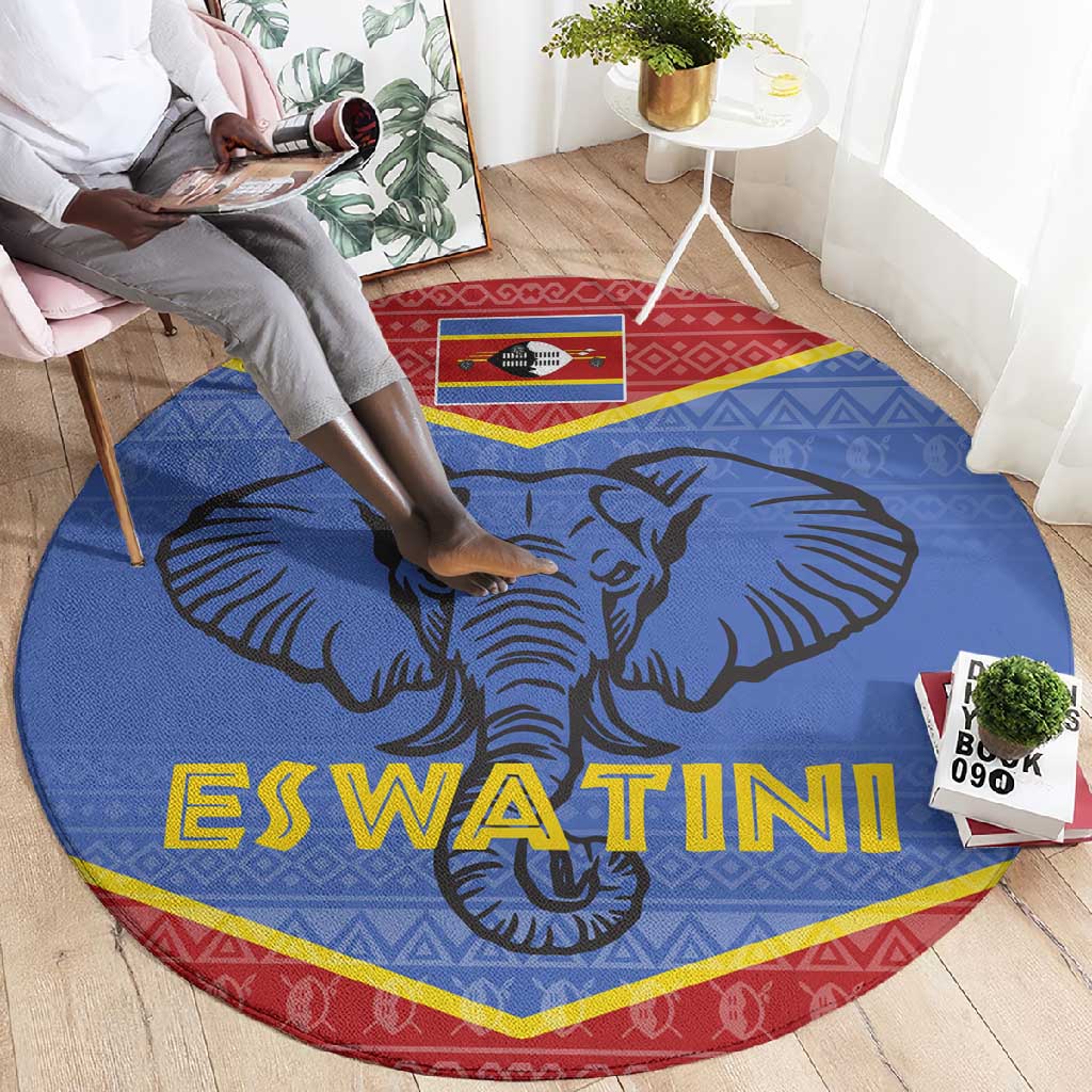 Elephant Eswatini Round Carpet Swaziland Shield Tribal Pattern and National Flag TS04