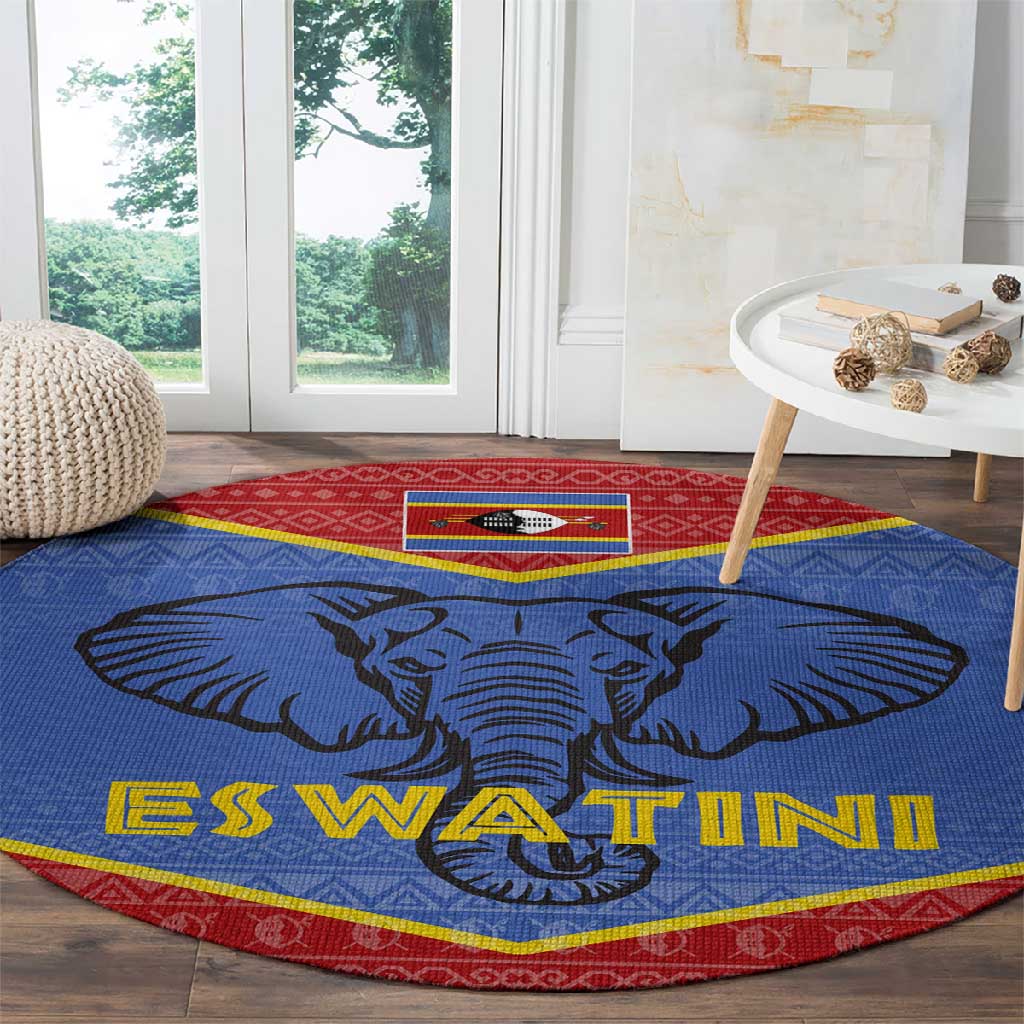 Elephant Eswatini Round Carpet Swaziland Shield Tribal Pattern and National Flag TS04