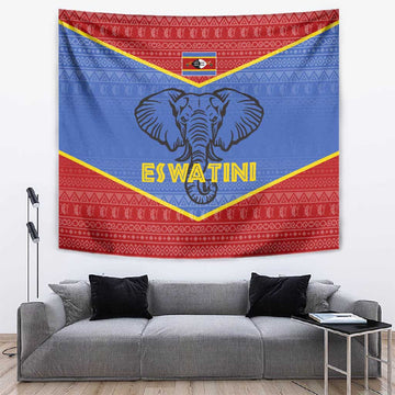 Elephant Eswatini Tapestry Swaziland Shield Tribal Pattern and National Flag TS04