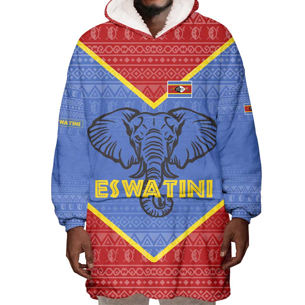 Elephant Eswatini Wearable Blanket Hoodie Swaziland Shield Tribal Pattern and National Flag TS04
