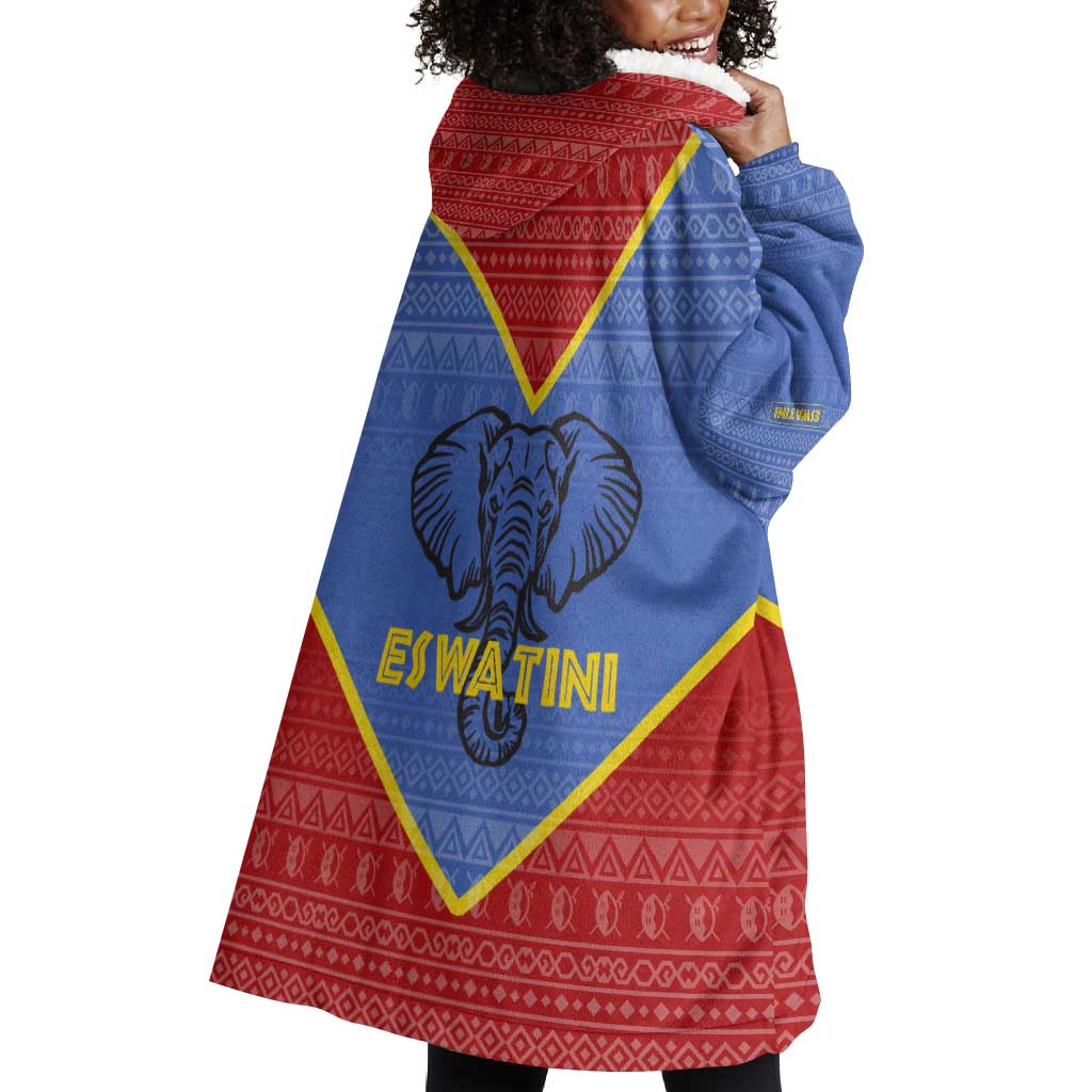 Elephant Eswatini Wearable Blanket Hoodie Swaziland Shield Tribal Pattern and National Flag TS04