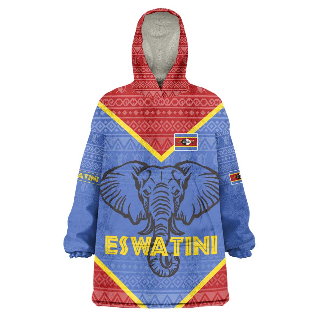 Elephant Eswatini Wearable Blanket Hoodie Swaziland Shield Tribal Pattern and National Flag TS04