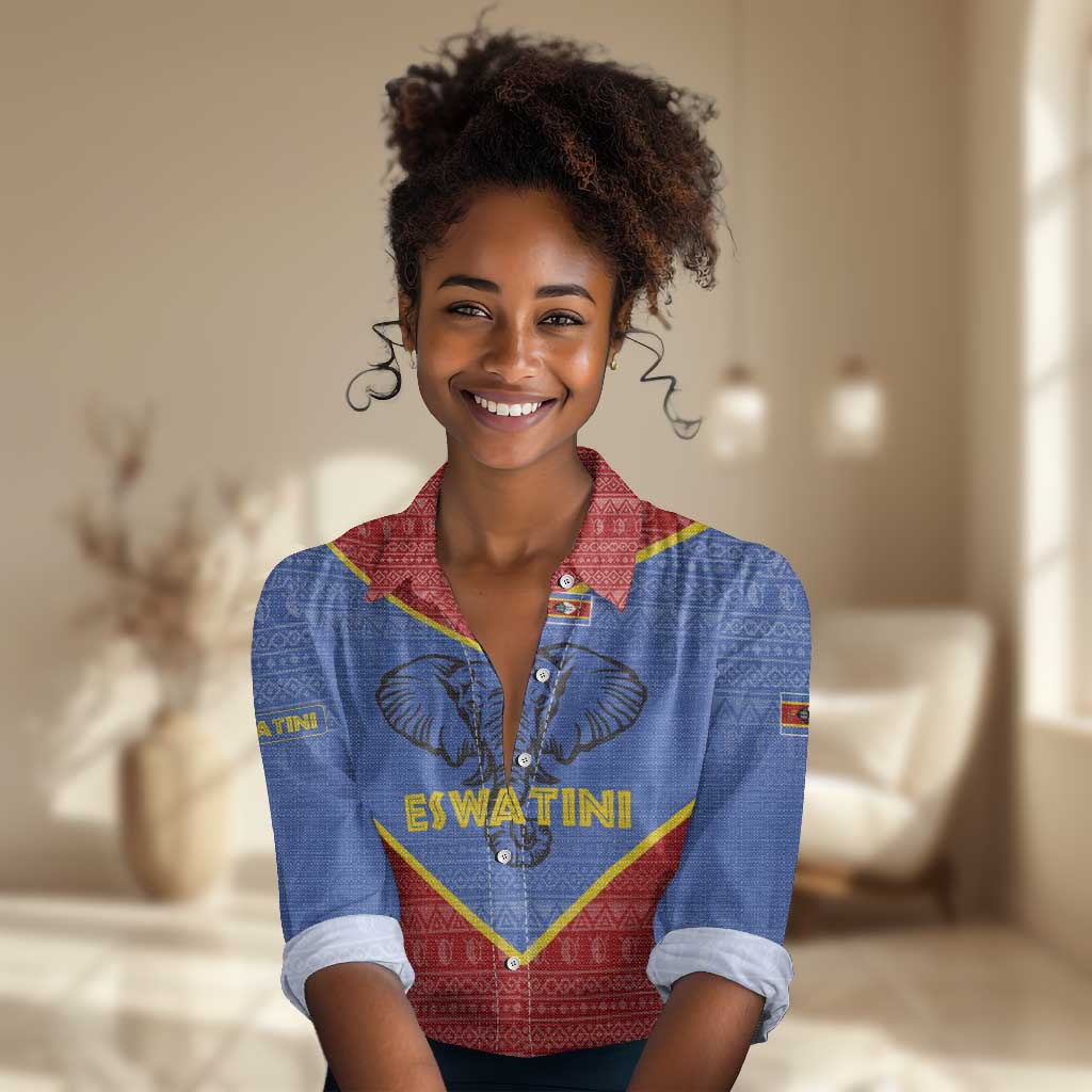 Elephant Eswatini Women Casual Shirt Swaziland Shield Tribal Pattern and National Flag TS04