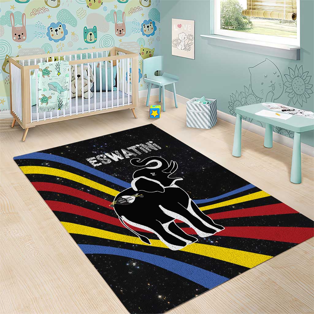 Eswatini Elephant Area Rug Swazi Flag Colors and Cosmic Background TS04