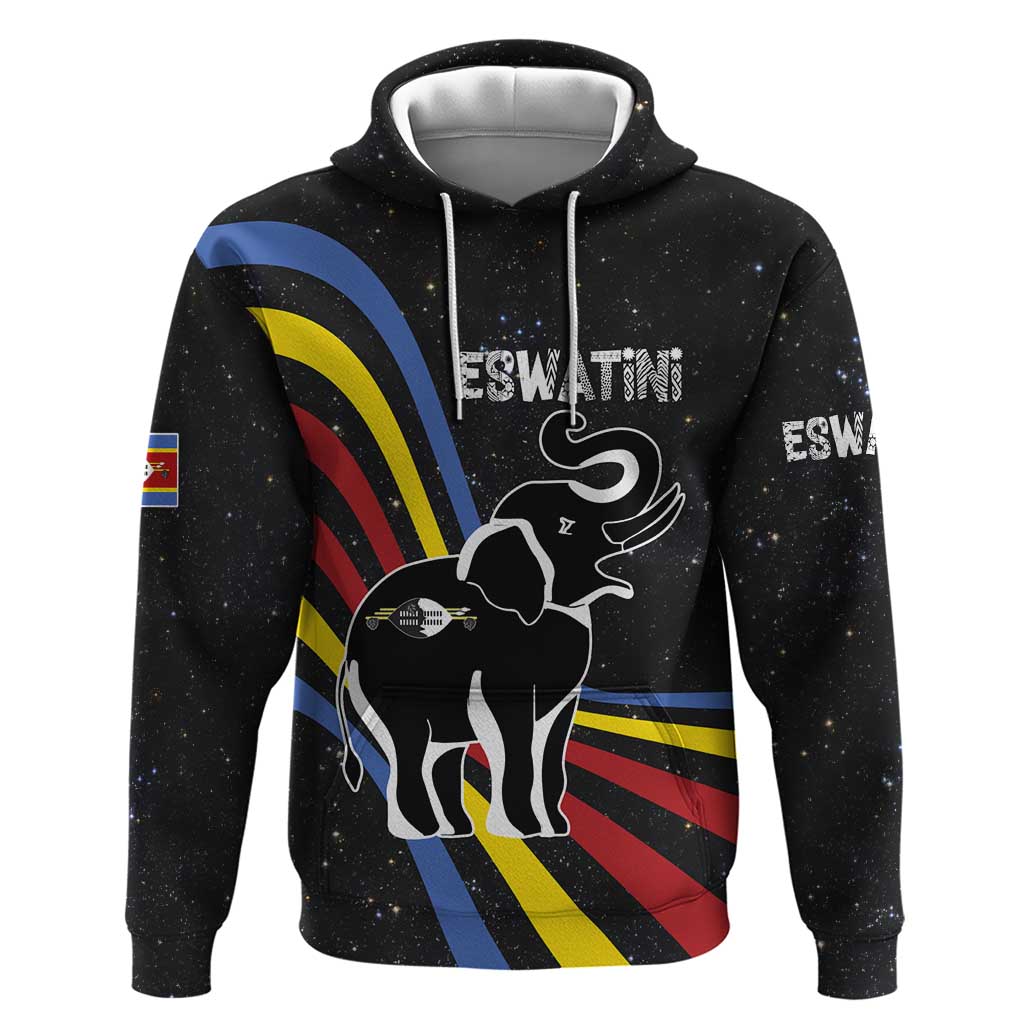Eswatini Elephant Hoodie with Cosmic Background and Swazi Flag Colors TS04
