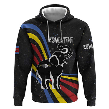 Eswatini Elephant Hoodie with Cosmic Background and Swazi Flag Colors TS04