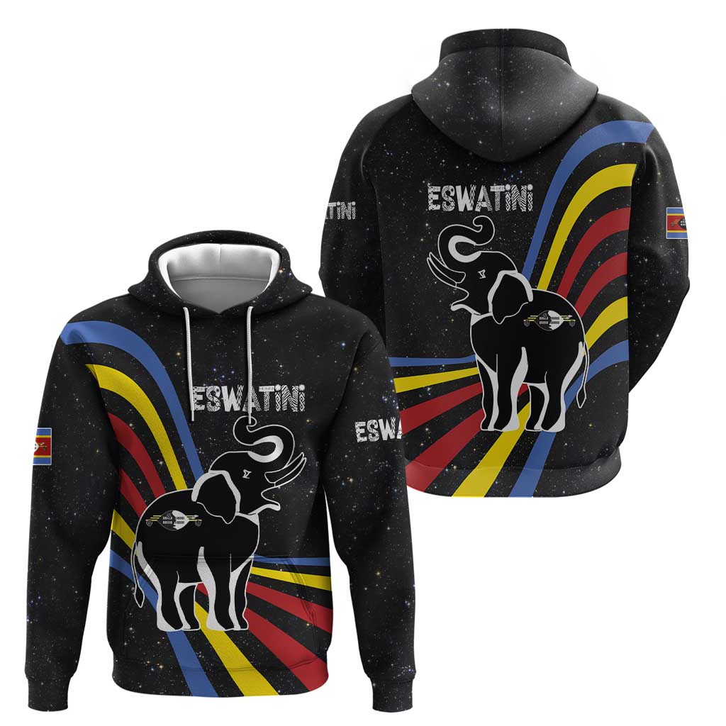 Eswatini Elephant Hoodie with Cosmic Background and Swazi Flag Colors TS04
