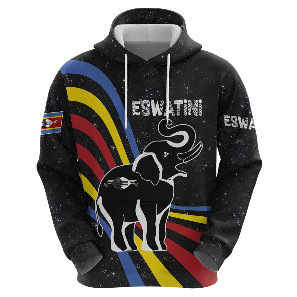Eswatini Elephant Hoodie with Cosmic Background and Swazi Flag Colors TS04