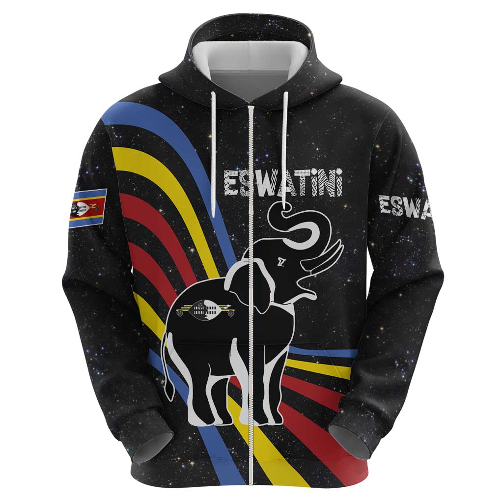 Eswatini Elephant Hoodie with Cosmic Background and Swazi Flag Colors TS04