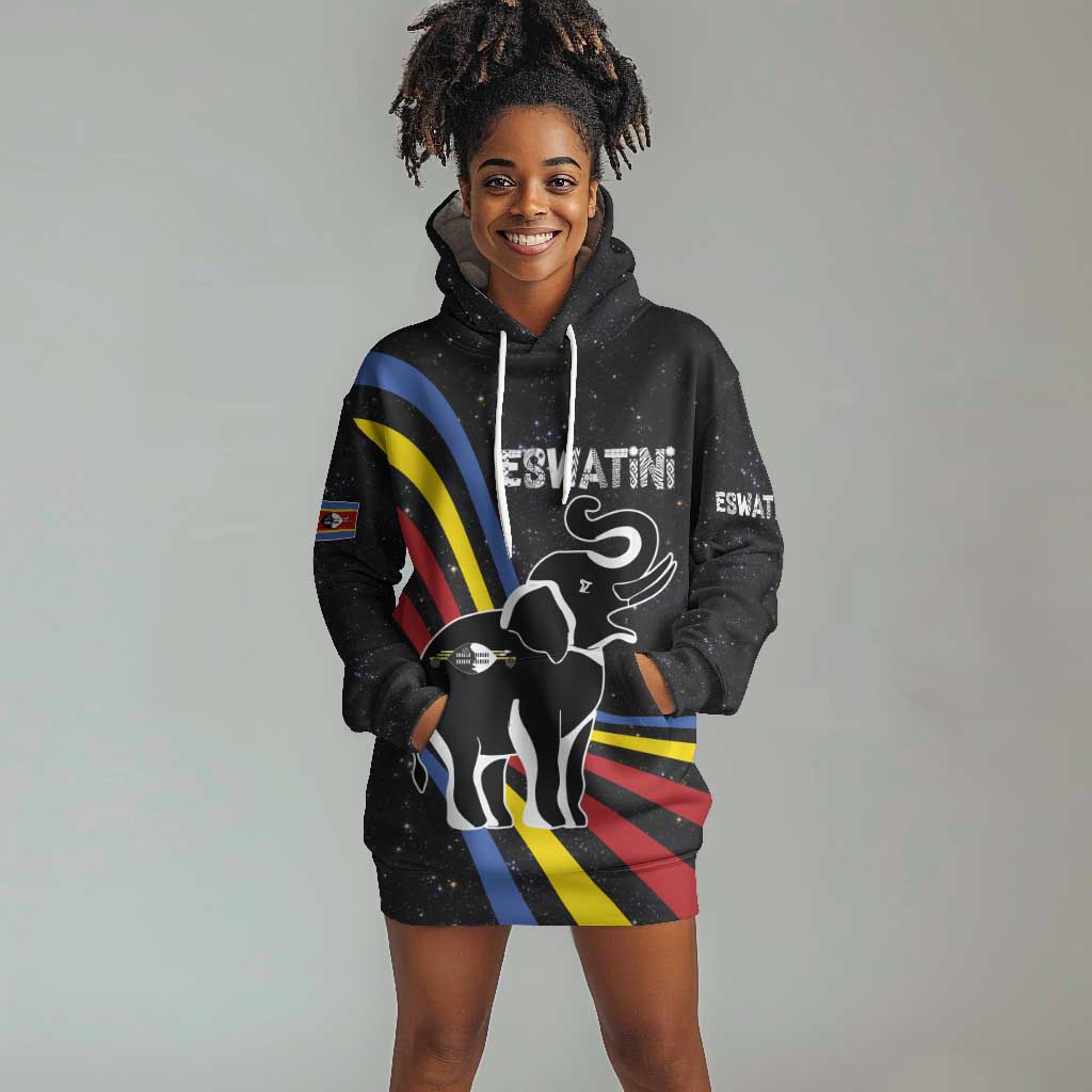 Eswatini Elephant Hoodie Dress Swazi Flag Colors and Cosmic Background TS04