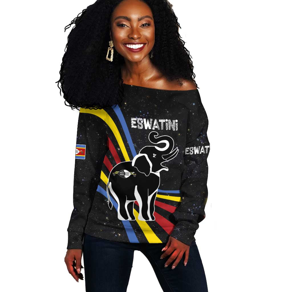 Eswatini Elephant Off Shoulder Sweater Swazi Flag Colors and Cosmic Background TS04
