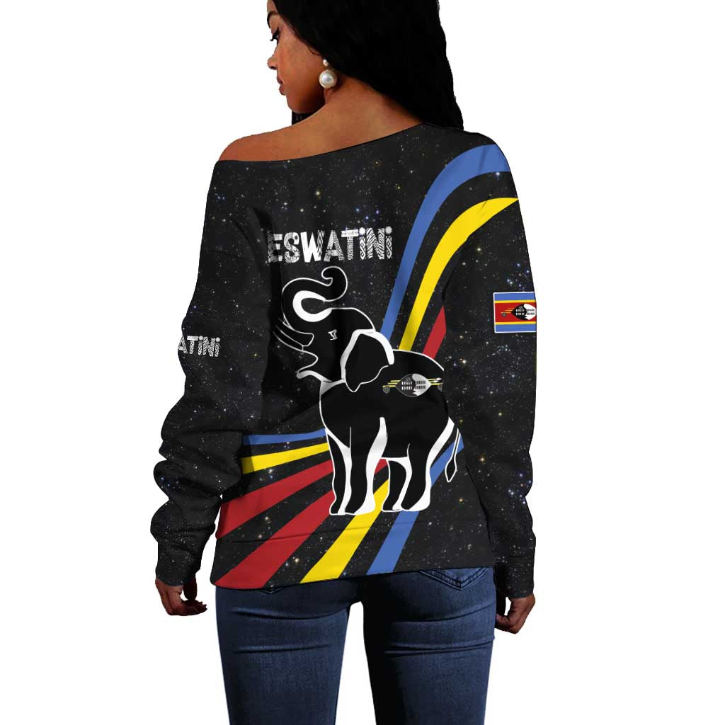 Eswatini Elephant Off Shoulder Sweater Swazi Flag Colors and Cosmic Background TS04