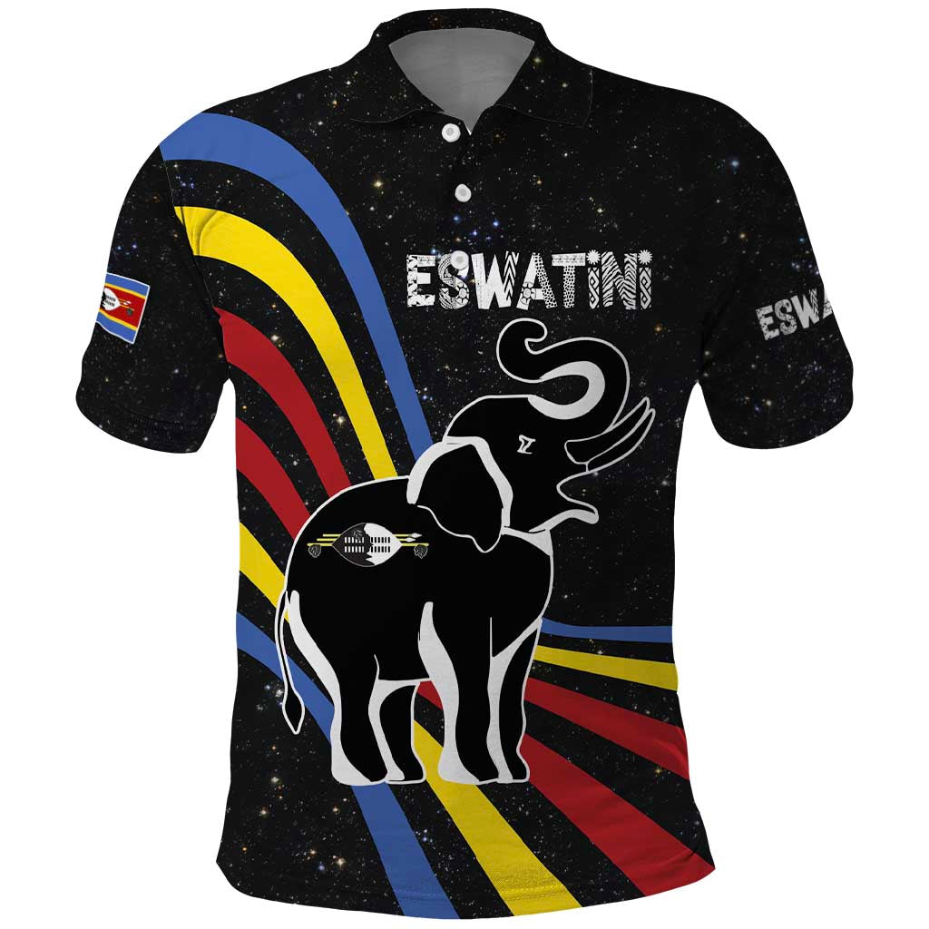 Eswatini Elephant Polo Shirt with Cosmic Background and Swazi Flag Colors TS04