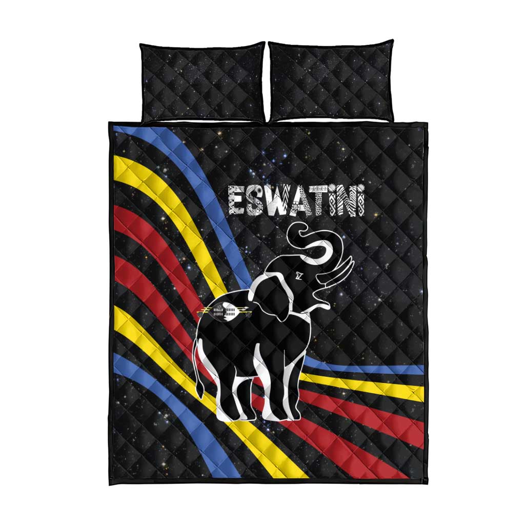 Eswatini Elephant Quilt Bed Set Swazi Flag Colors and Cosmic Background TS04