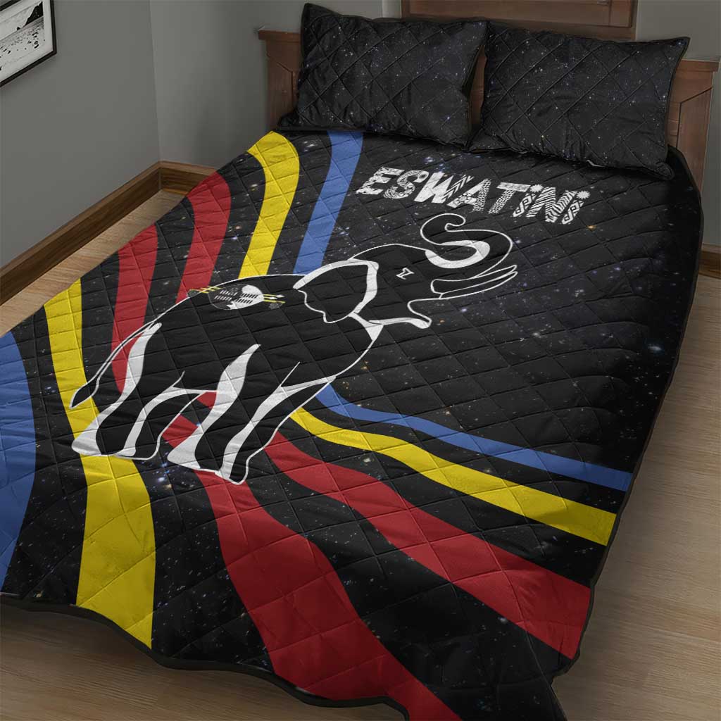 Eswatini Elephant Quilt Bed Set Swazi Flag Colors and Cosmic Background TS04
