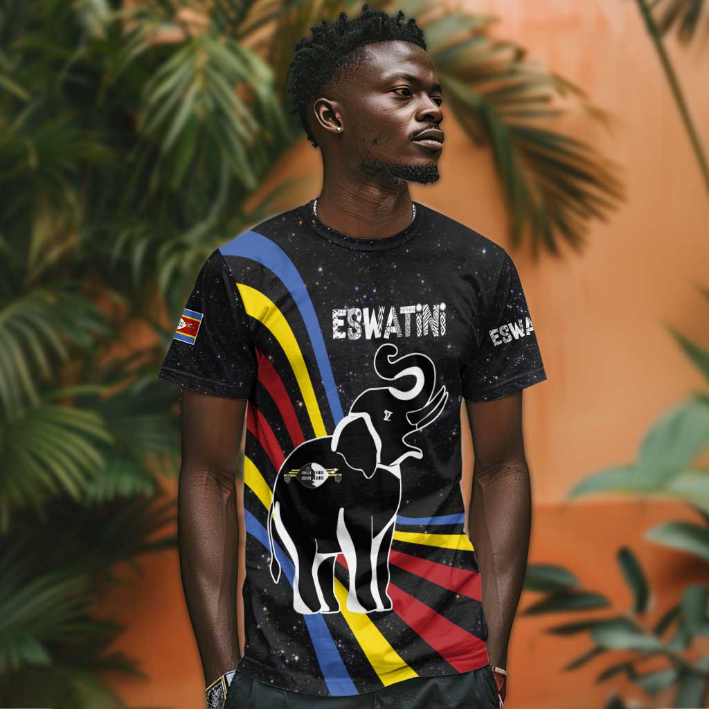 Eswatini Elephant T shirt Swazi Flag Colors and Cosmic Background TS04