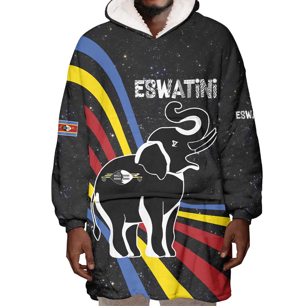 Eswatini Elephant Wearable Blanket Hoodie Swazi Flag Colors and Cosmic Background TS04