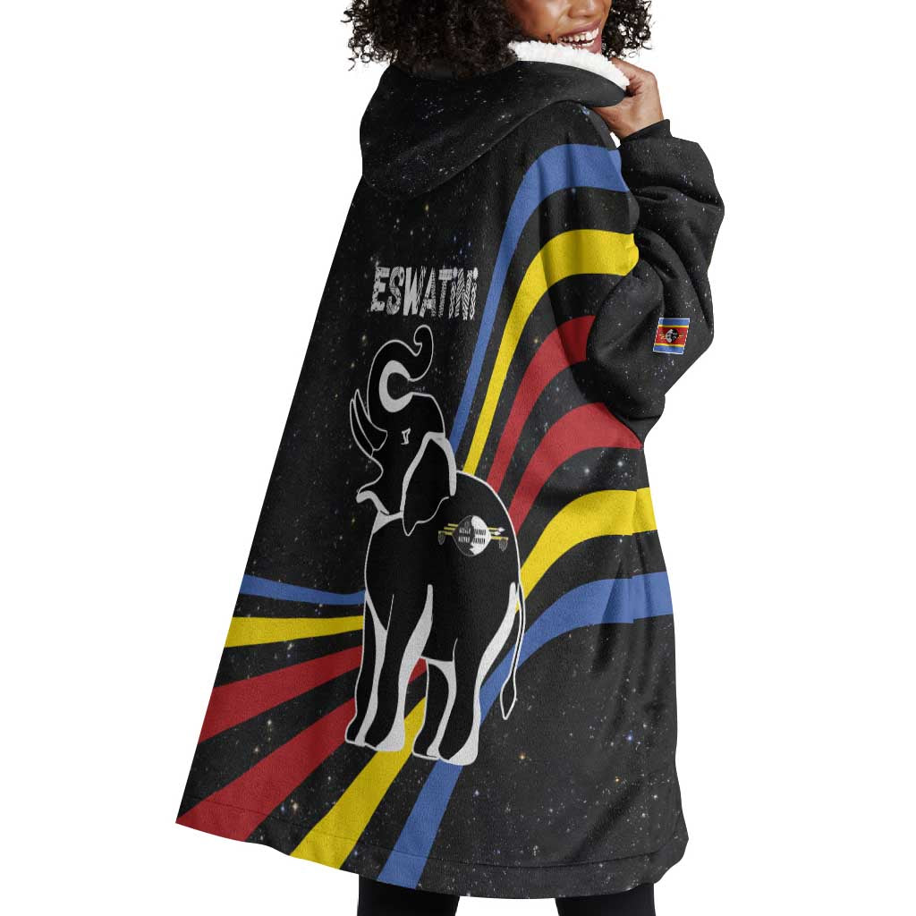 Eswatini Elephant Wearable Blanket Hoodie Swazi Flag Colors and Cosmic Background TS04