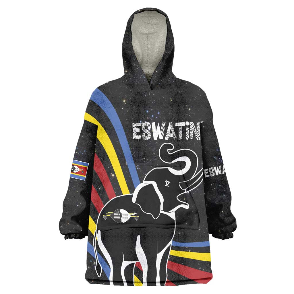 Eswatini Elephant Wearable Blanket Hoodie Swazi Flag Colors and Cosmic Background TS04
