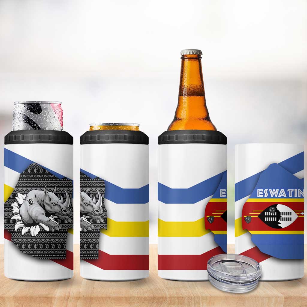 Eswatini Rhino 4 in 1 Can Cooler Tumbler Swazi Map Flag and African Traditional Patterns TS04