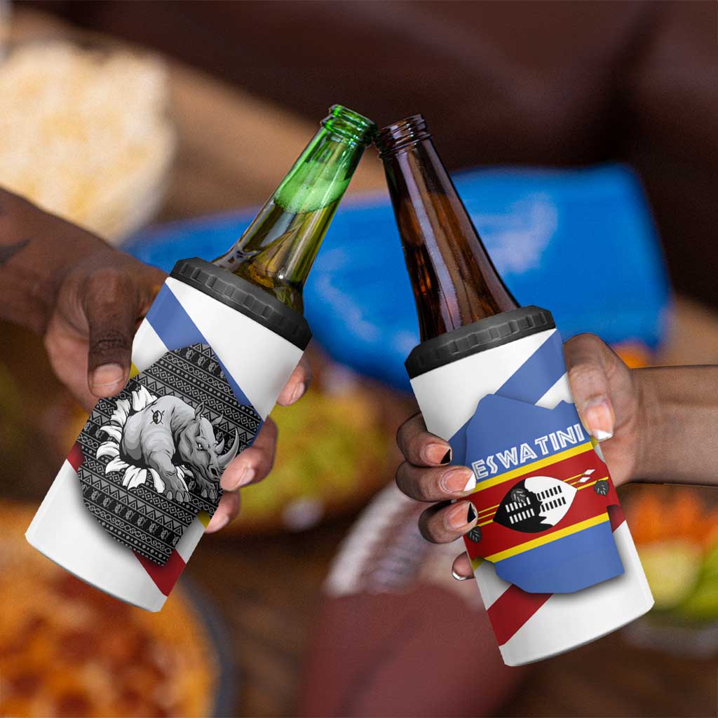 Eswatini Rhino 4 in 1 Can Cooler Tumbler Swazi Map Flag and African Traditional Patterns TS04