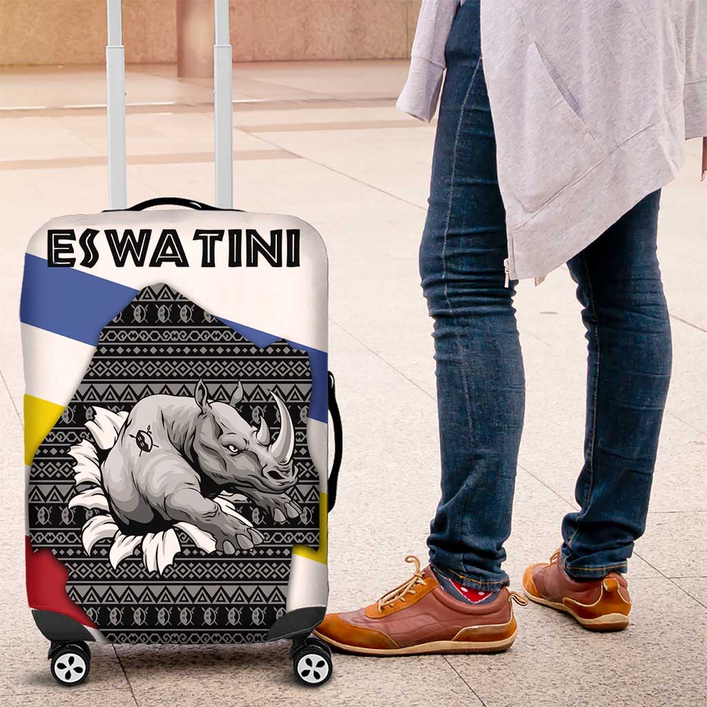 Eswatini Rhino Luggage Cover with African Map and Traditional Swazi Flag Patterns TS04