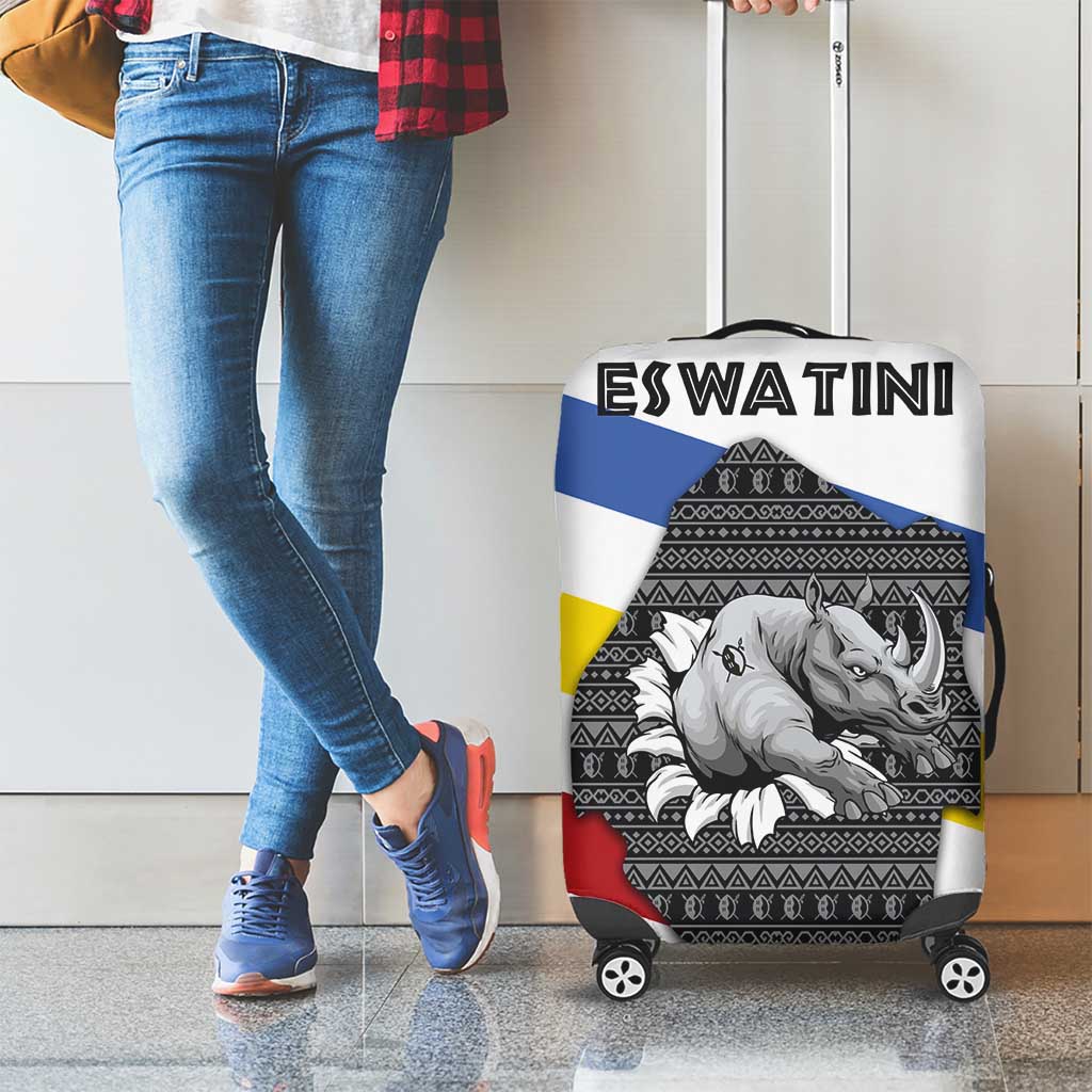 Eswatini Rhino Luggage Cover with African Map and Traditional Swazi Flag Patterns TS04