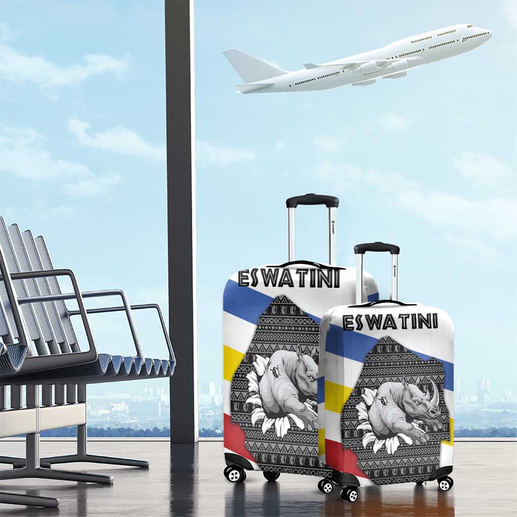 Eswatini Rhino Luggage Cover with African Map and Traditional Swazi Flag Patterns TS04