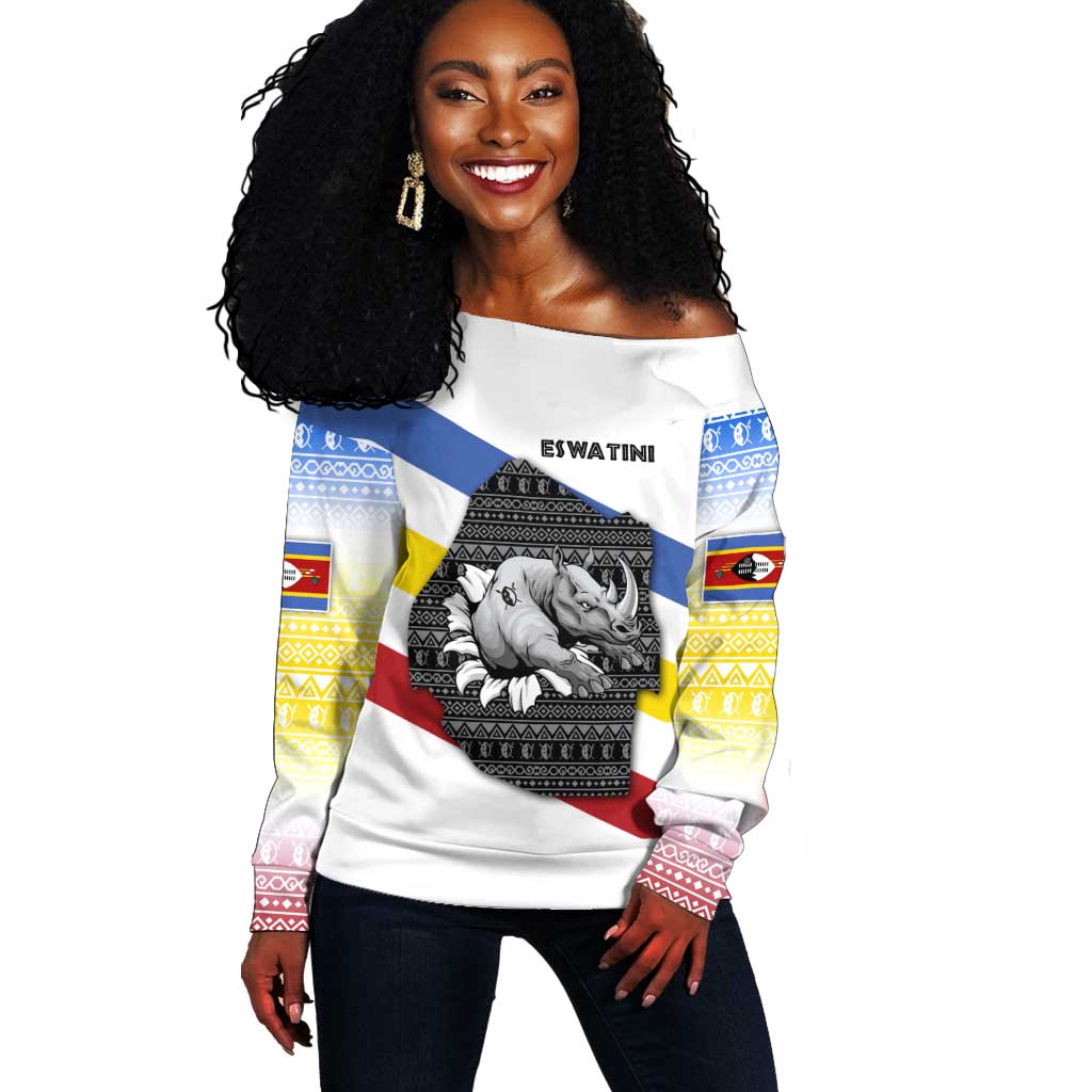 Eswatini Rhino Off Shoulder Sweater Swazi Map Flag and African Traditional Patterns TS04