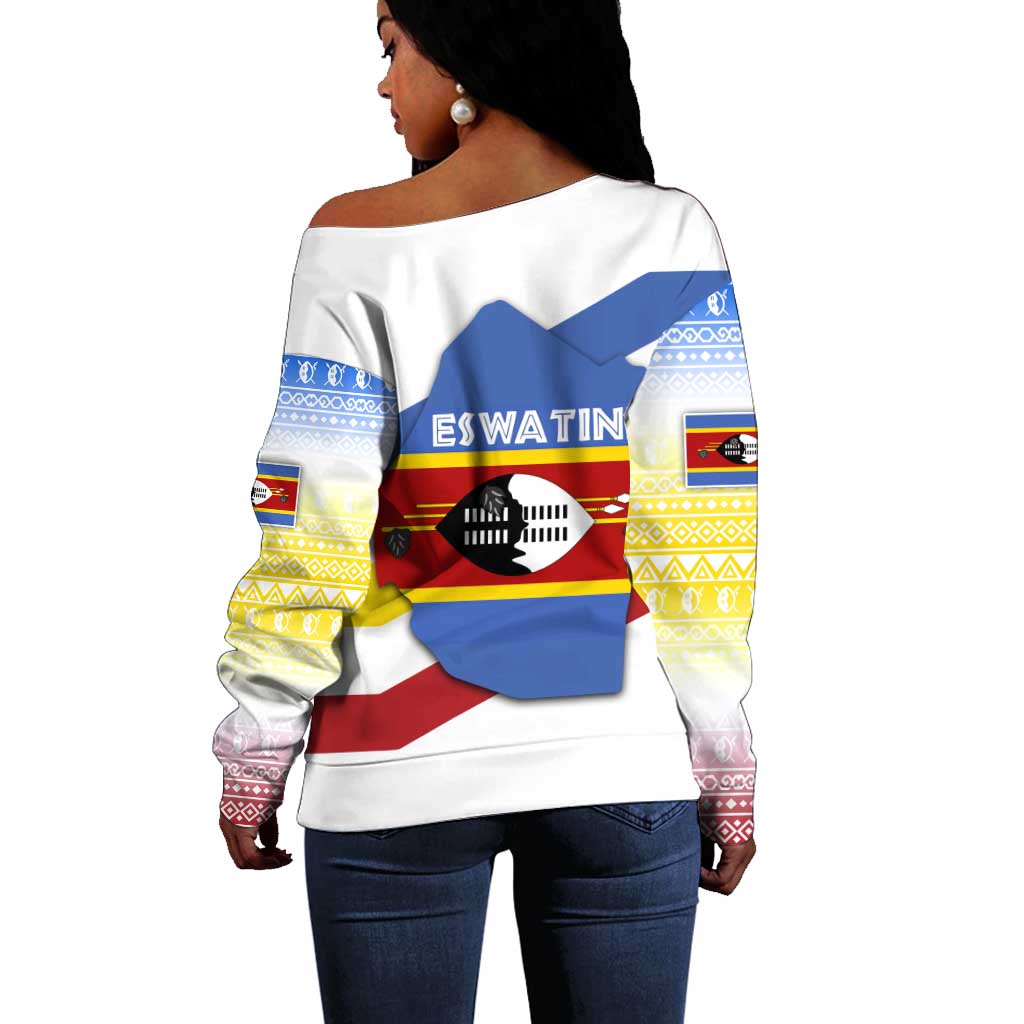 Eswatini Rhino Off Shoulder Sweater Swazi Map Flag and African Traditional Patterns TS04