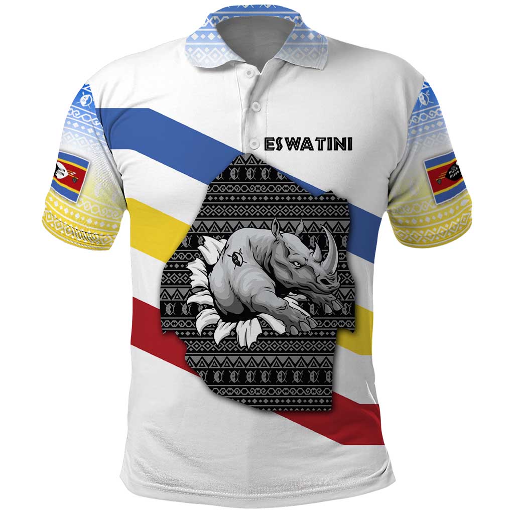 Eswatini Rhino Polo Shirt with African Map and Traditional Swazi Flag Patterns TS04