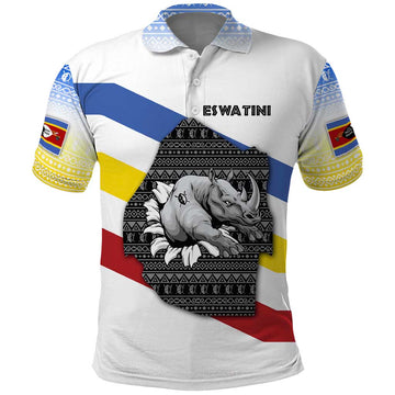 Eswatini Rhino Polo Shirt with African Map and Traditional Swazi Flag Patterns TS04