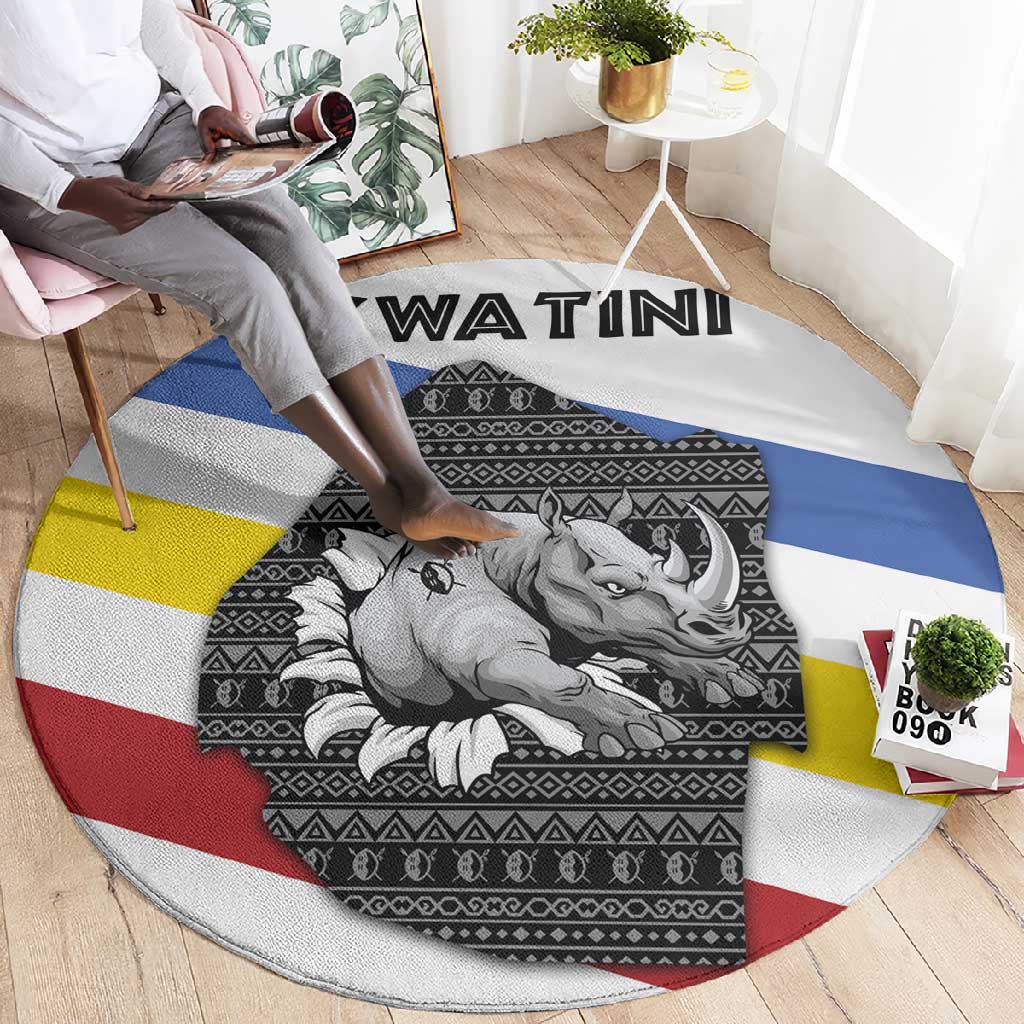 Eswatini Rhino Round Carpet Swazi Map Flag and African Traditional Patterns TS04