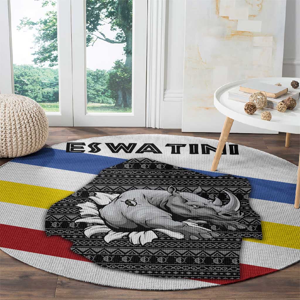 Eswatini Rhino Round Carpet Swazi Map Flag and African Traditional Patterns TS04