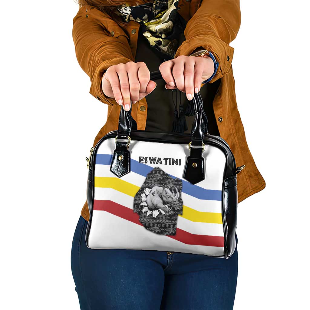 Eswatini Rhino Shoulder Handbag with African Map and Traditional Swazi Flag Patterns TS04