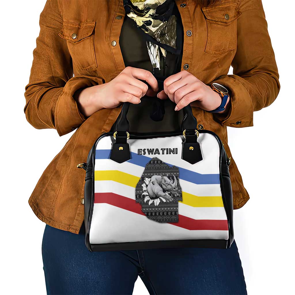 Eswatini Rhino Shoulder Handbag with African Map and Traditional Swazi Flag Patterns TS04