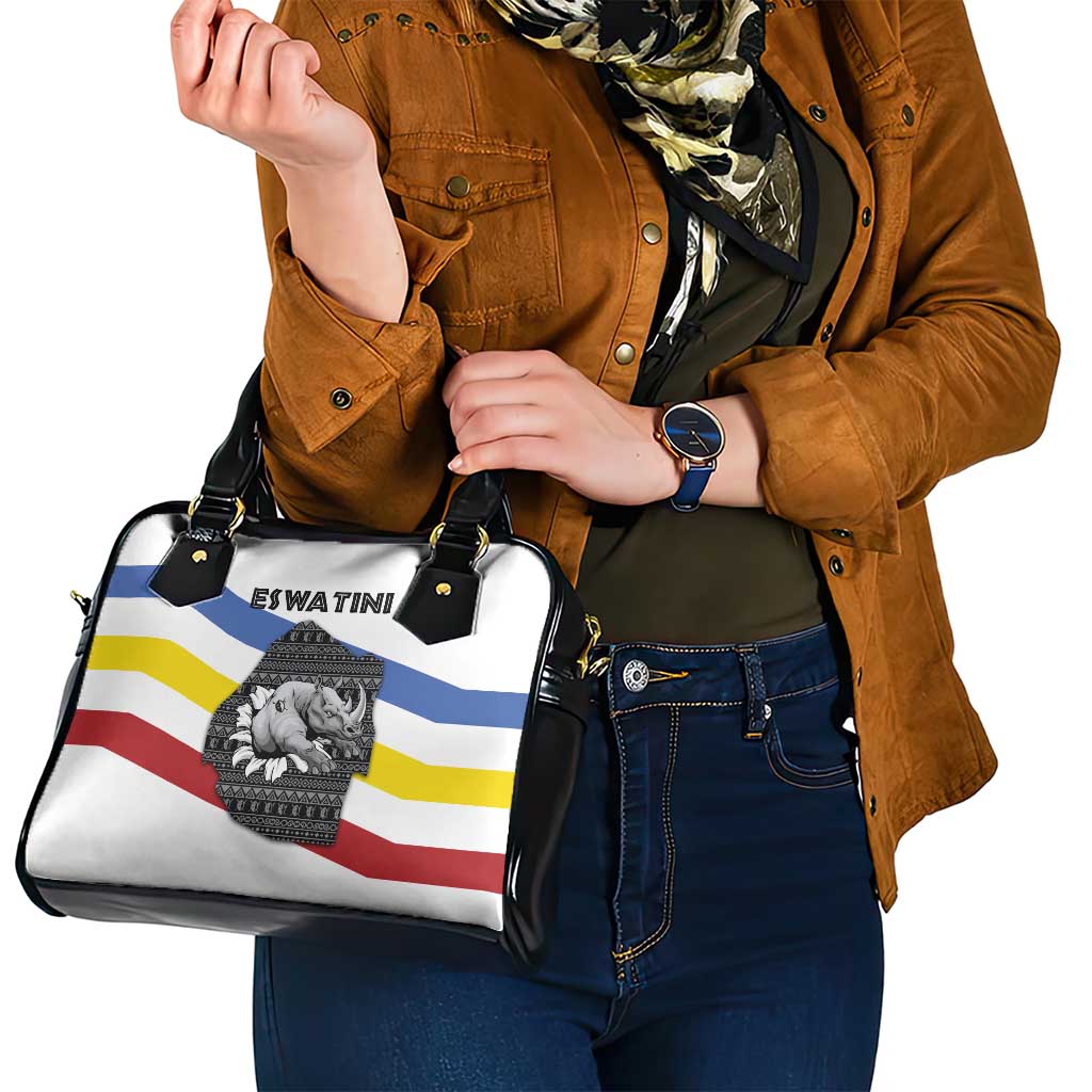 Eswatini Rhino Shoulder Handbag with African Map and Traditional Swazi Flag Patterns TS04