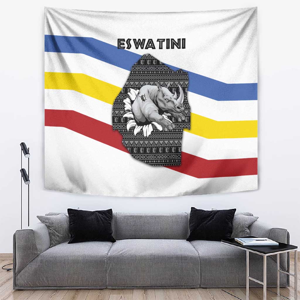 Eswatini Rhino Tapestry Swazi Map Flag and African Traditional Patterns TS04