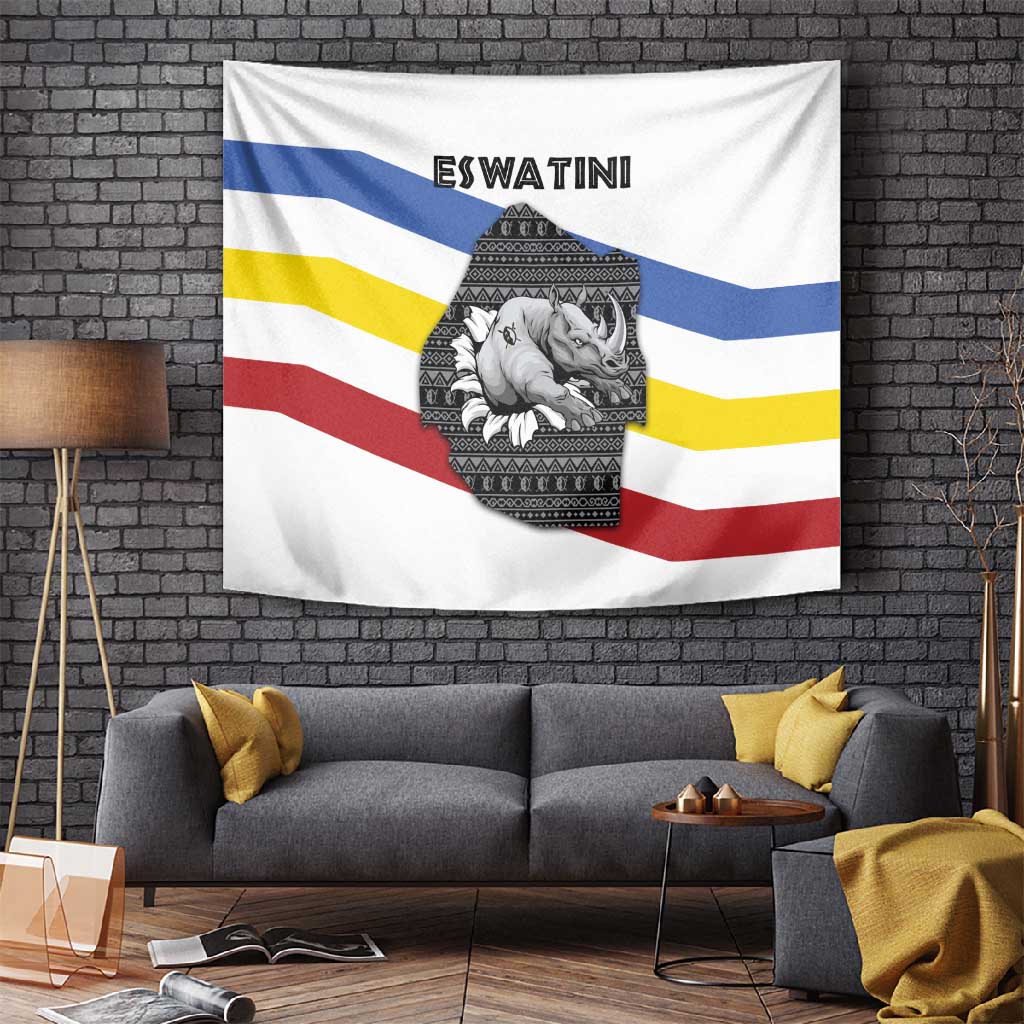 Eswatini Rhino Tapestry Swazi Map Flag and African Traditional Patterns TS04