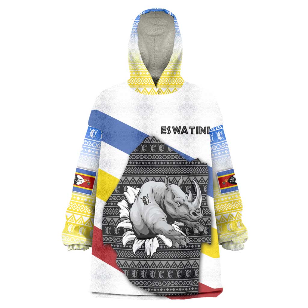Eswatini Rhino Wearable Blanket Hoodie Swazi Map Flag and African Traditional Patterns TS04