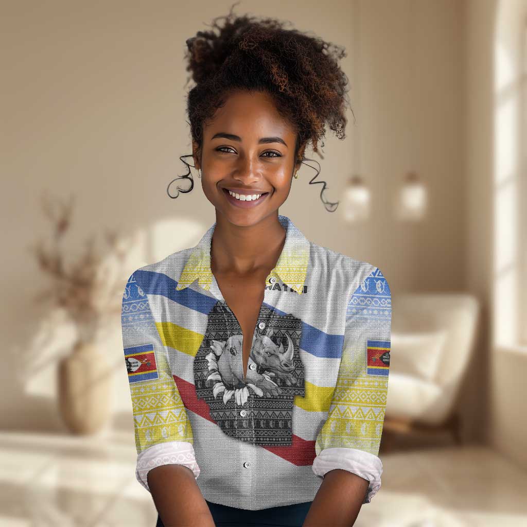 Eswatini Rhino Women Casual Shirt Swazi Map Flag and African Traditional Patterns TS04