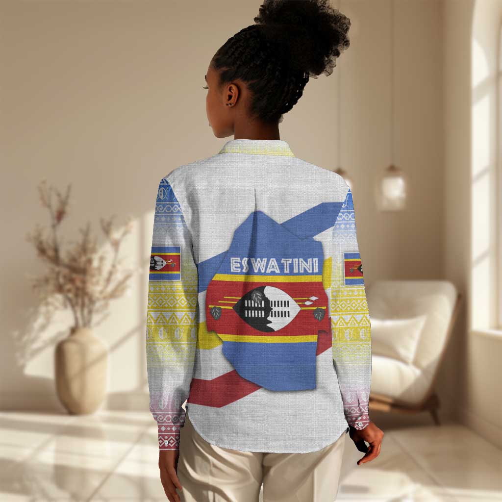 Eswatini Rhino Women Casual Shirt Swazi Map Flag and African Traditional Patterns TS04