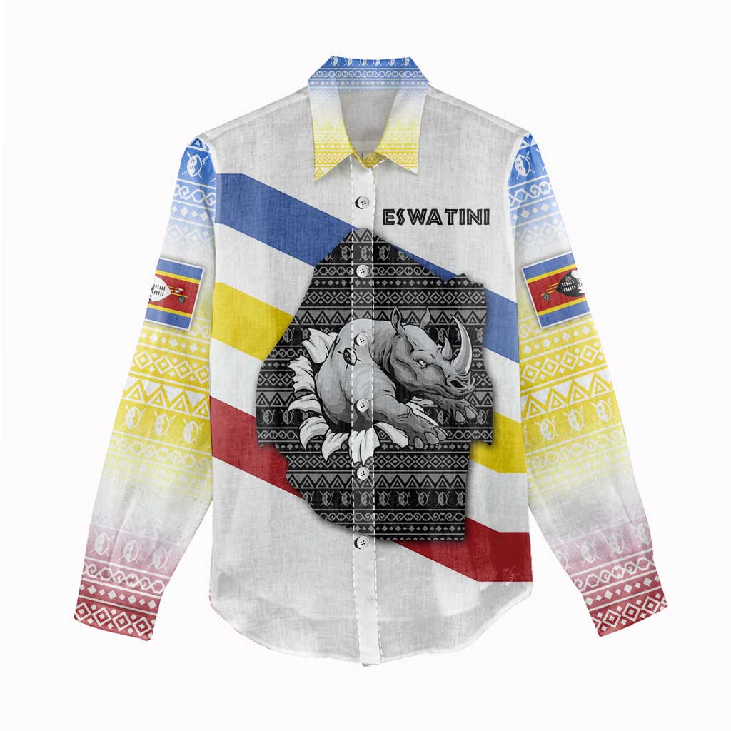 Eswatini Rhino Women Casual Shirt Swazi Map Flag and African Traditional Patterns TS04